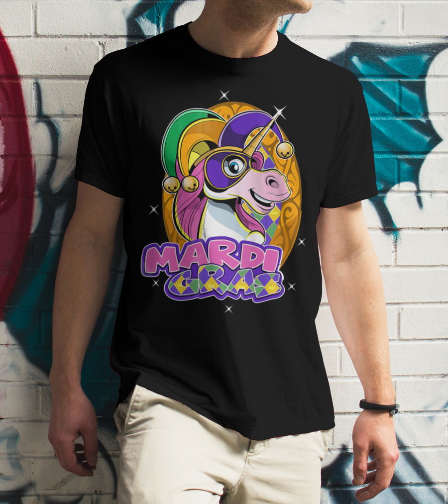 Mardi Gras Unicorn With Jester Hat And Masquerade Mask T-Shirt