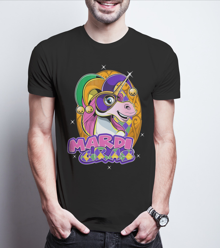 Mardi Gras Unicorn With Jester Hat And Masquerade Mask T-Shirt