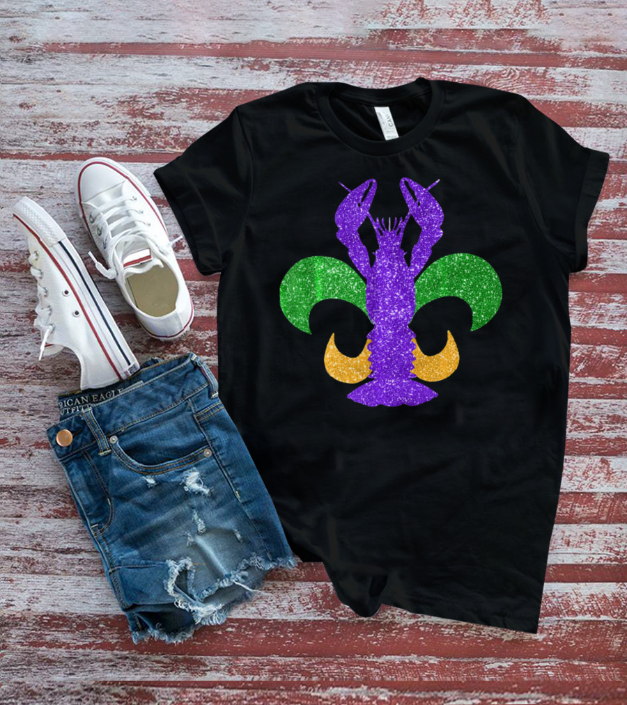 Awesome Mardi Gras Fleur De Lis Crawfish Glitter T-Shirt