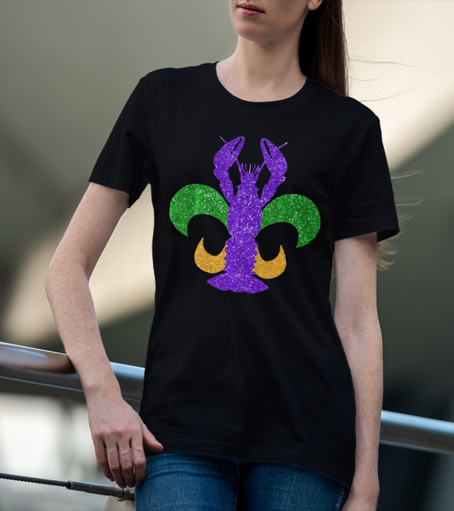 Awesome Mardi Gras Fleur De Lis Crawfish Glitter T-Shirt