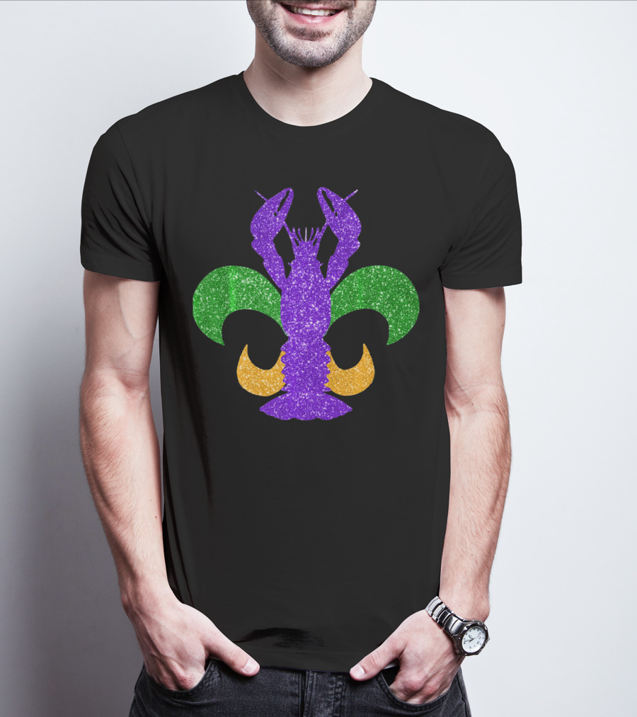 Awesome Mardi Gras Fleur De Lis Crawfish Glitter T-Shirt