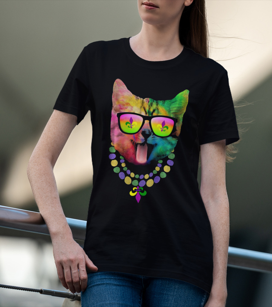 Cool Cat Mardi Gras Costume With Colorful Beads And Sunglasses Fleur-de-Lis T-Shirt