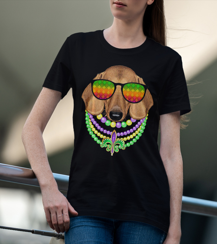 Mardi Gras Dachshund Beads Fleur-de-Lis Sunglasses T-Shirt