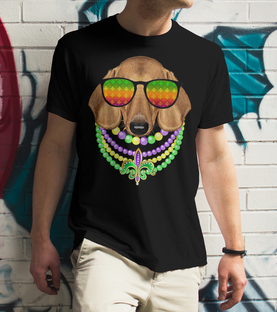 Mardi Gras Dachshund Beads Fleur-de-Lis Sunglasses T-Shirt