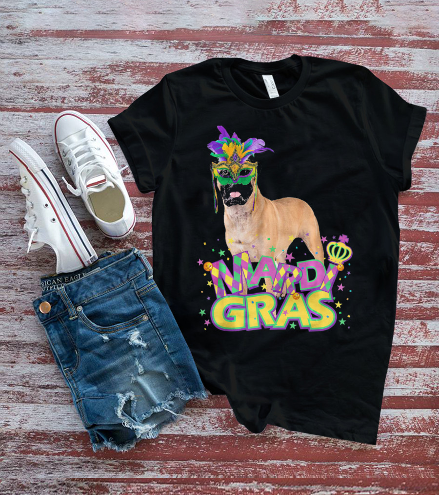 Mardi Gras Bullmastiff Mask Feathers Stars T-Shirt