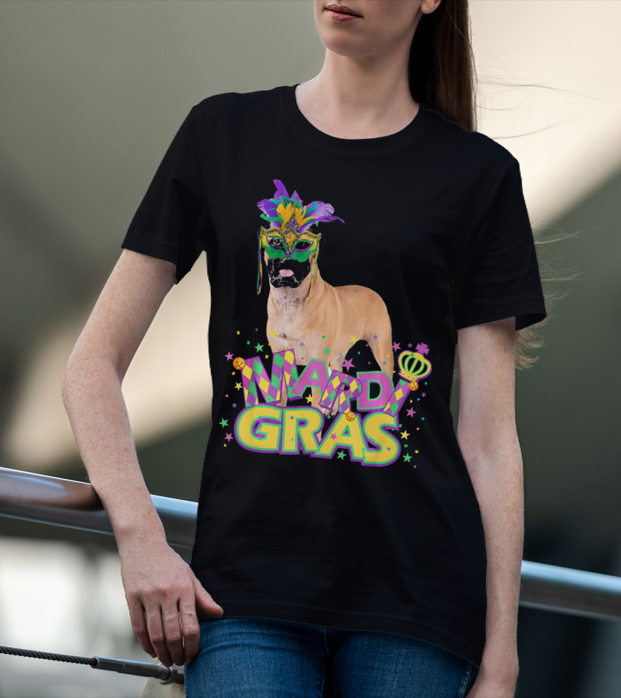 Mardi Gras Bullmastiff Mask Feathers Stars T-Shirt