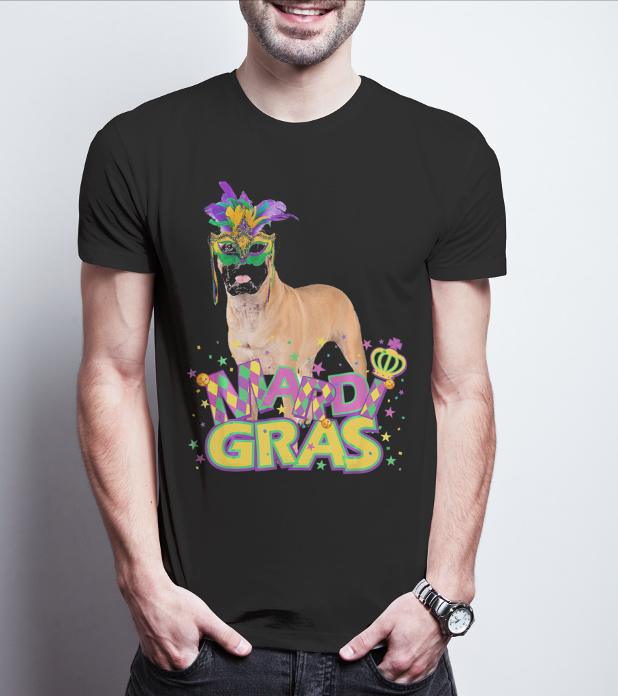 Mardi Gras Bullmastiff Mask Feathers Stars T-Shirt