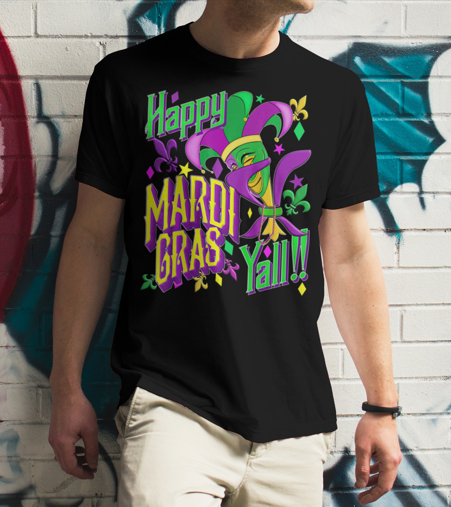 Happy Mardi Gras Yall Jester Mask Fleur De Lis T-Shirt