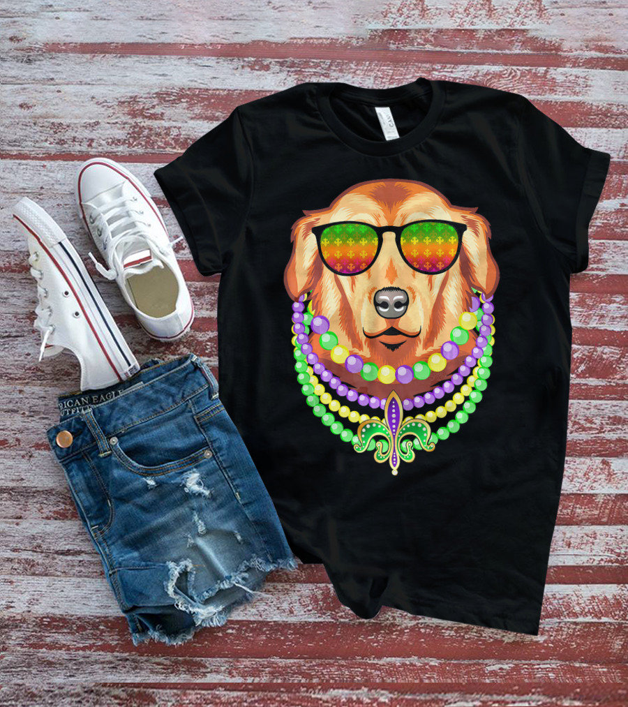 Beads And Golden Retriever Mardi Gras Fleur-de-Lis Colorful Glam Co T-Shirt