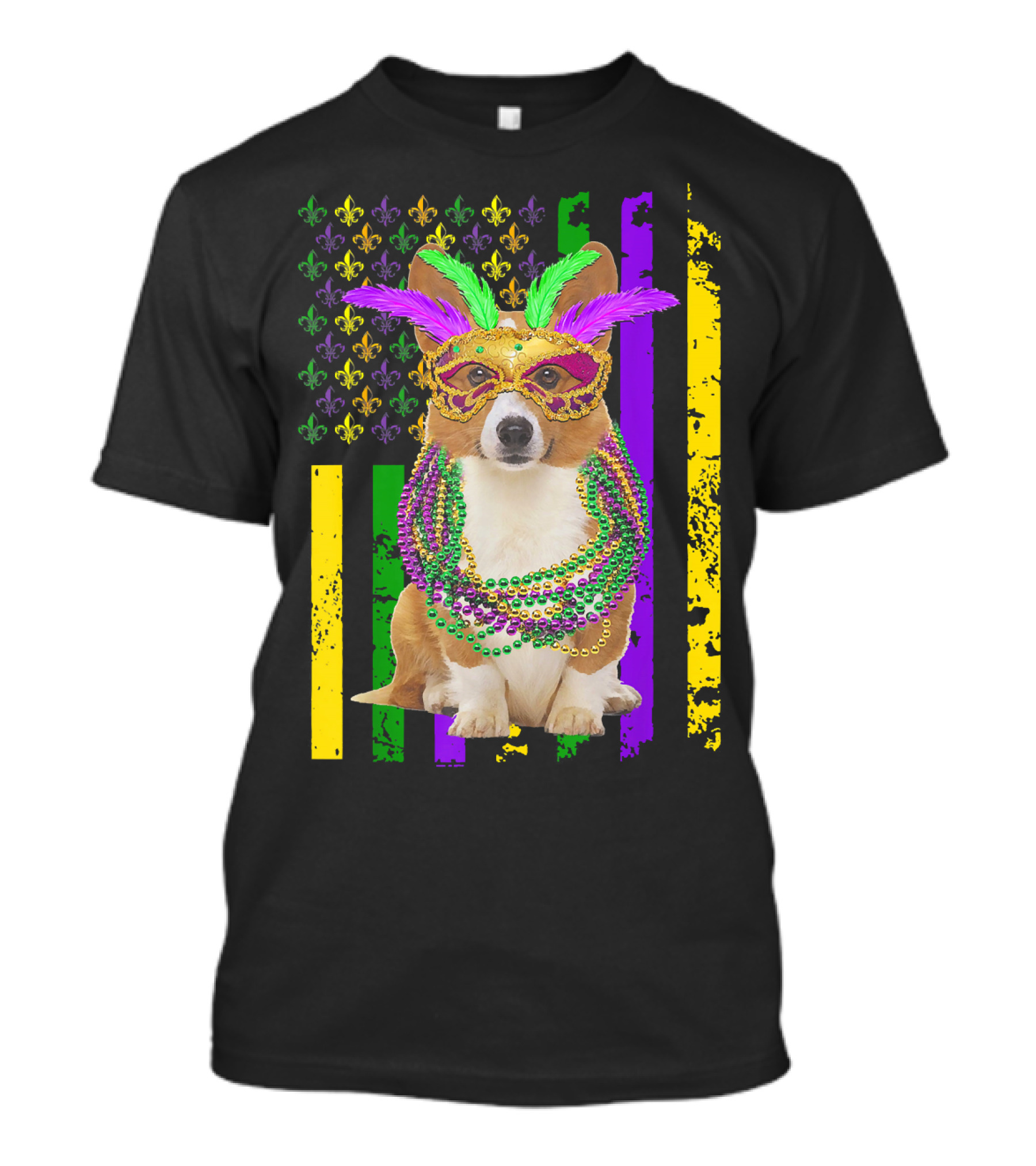 Corgi Mardi Gras American Flag With Beads And Mask T-Shirt