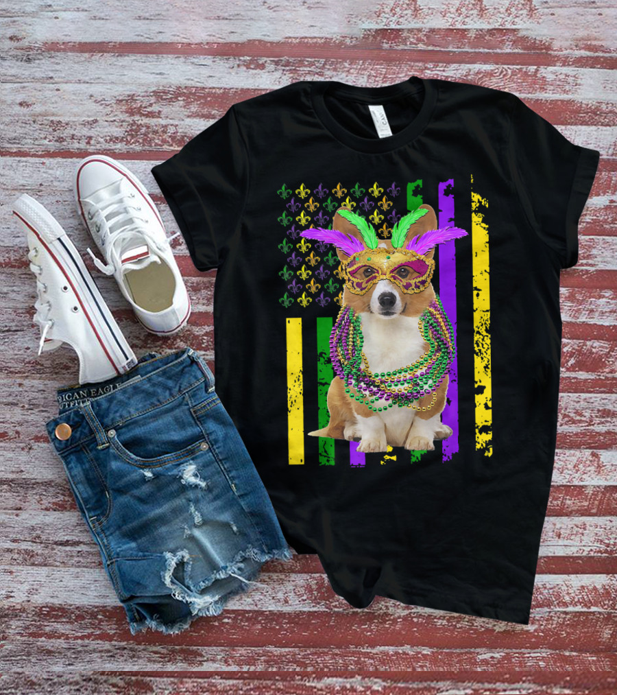 Corgi Mardi Gras American Flag With Beads And Mask T-Shirt