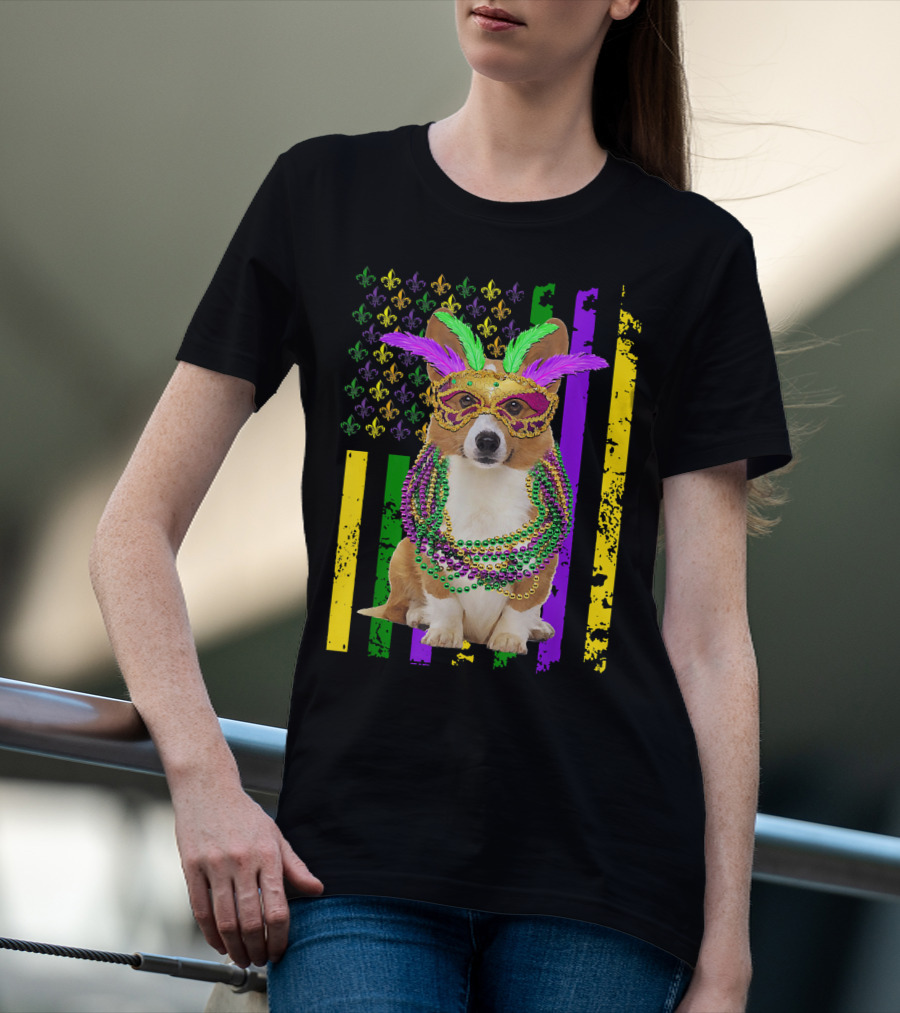 Corgi Mardi Gras American Flag With Beads And Mask T-Shirt