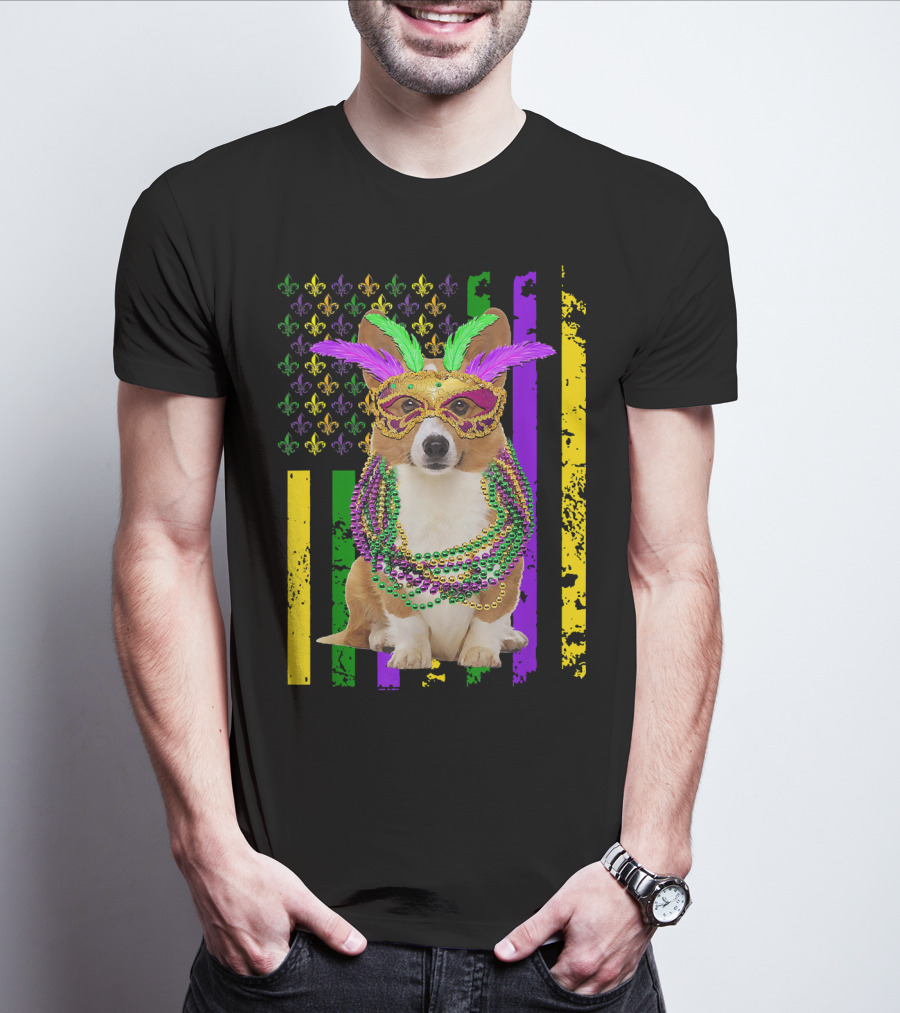Corgi Mardi Gras American Flag With Beads And Mask T-Shirt