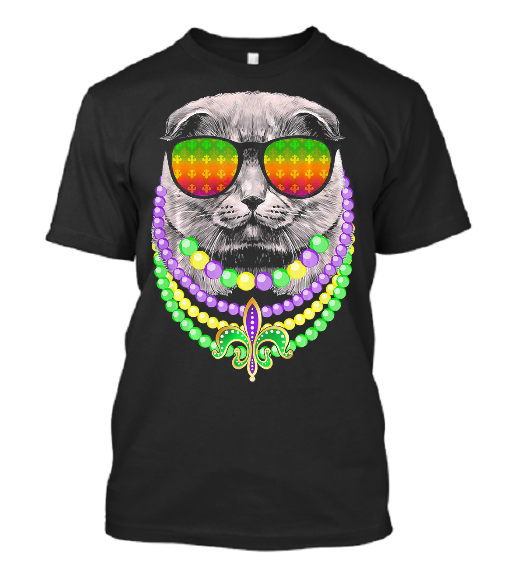 Mardi Gras Cat In Sunglasses With Beads And Fleur-de-Lis T-Shirt