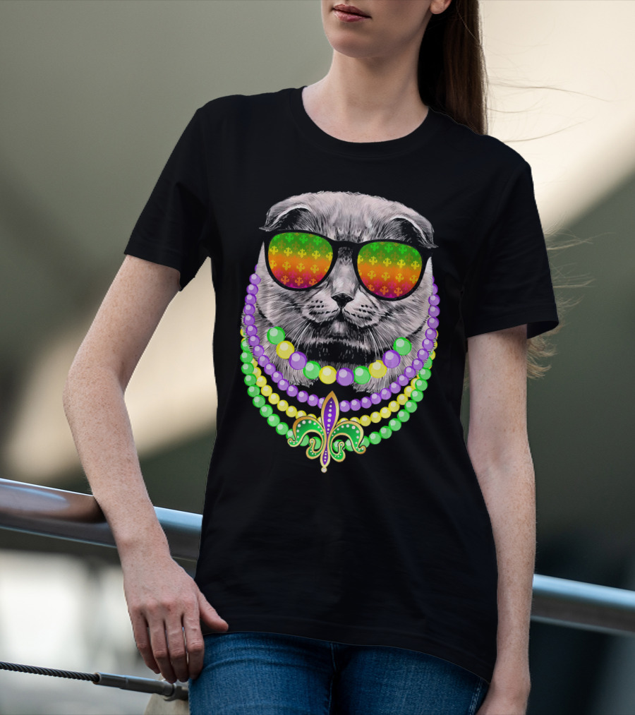 Mardi Gras Cat In Sunglasses With Beads And Fleur-de-Lis T-Shirt