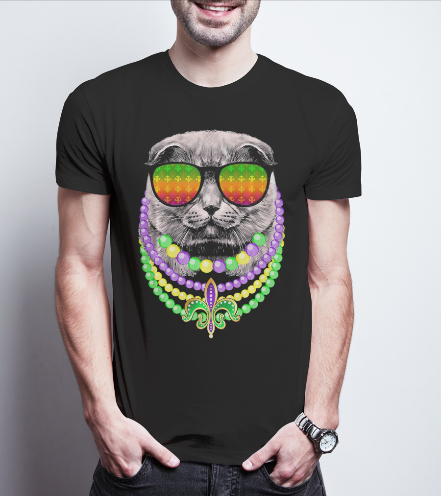 Mardi Gras Cat In Sunglasses With Beads And Fleur-de-Lis T-Shirt