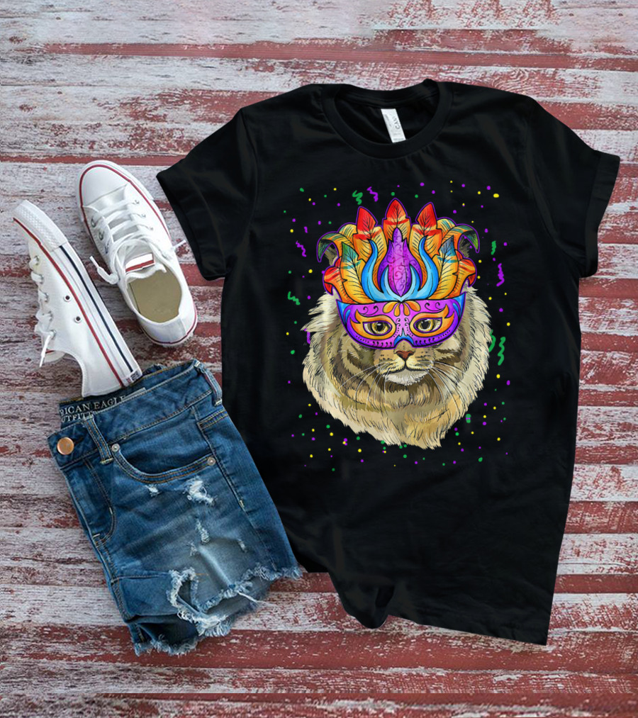 Mardi Gras Maine Coon Cat Colorful Mask Beads Festive T-Shirt