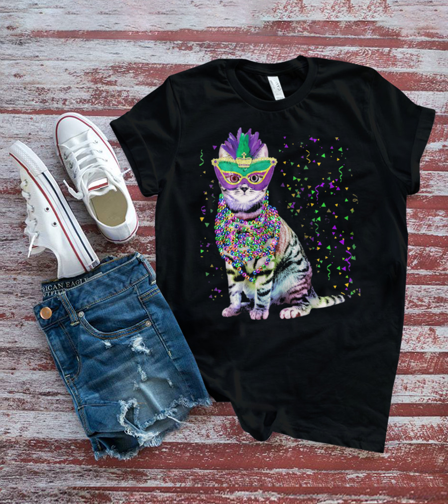 Cat Mardi Gras Beads Confetti Mask T-Shirt