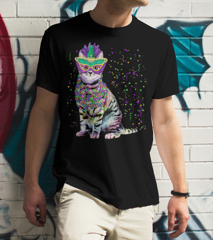 Cat Mardi Gras Beads Confetti Mask T-Shirt