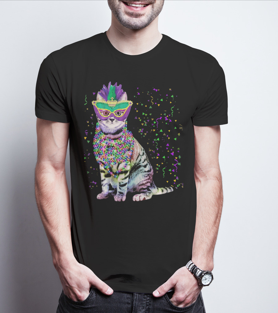 Cat Mardi Gras Beads Confetti Mask T-Shirt