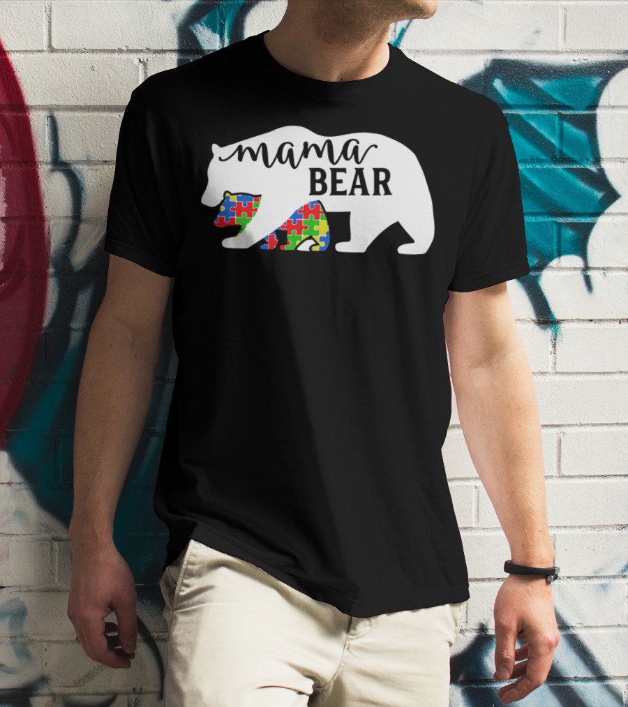 Mama Bear Autism Awareness Month Puzzle Silhouette Fam T-Shirt