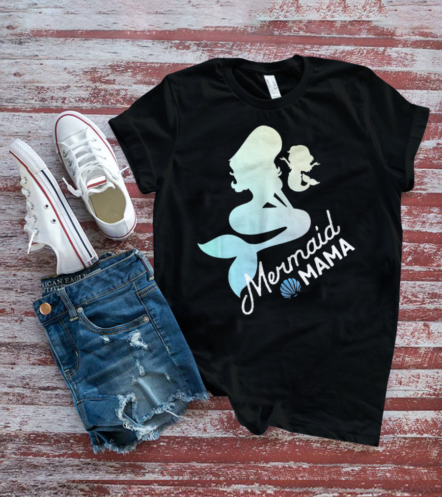 Mermaid Mama Sea Lover With Baby Silhouette And Shell T-Shirt