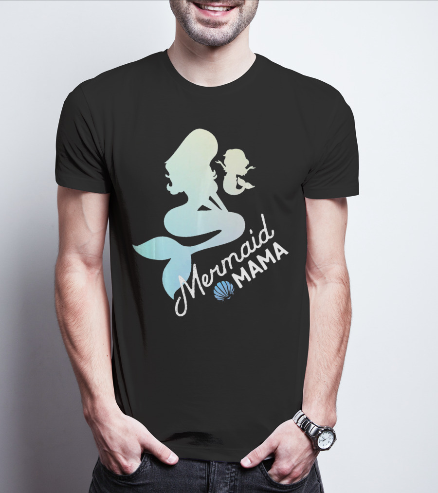 Mermaid Mama Sea Lover With Baby Silhouette And Shell T-Shirt