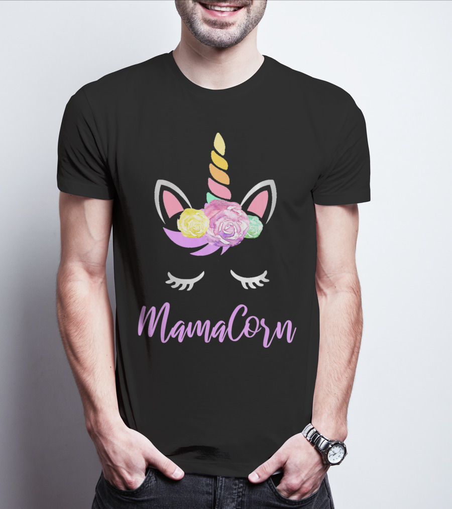 Mamacorn Unicorn Floral Roses Horn Ears And Lashes T-Shirt