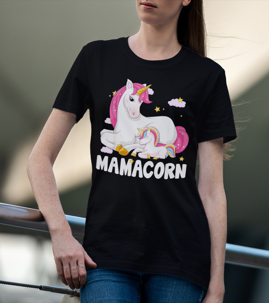 Mamacorn Unicorn New Mom Baby Momm With Stars And Clouds T-Shirt