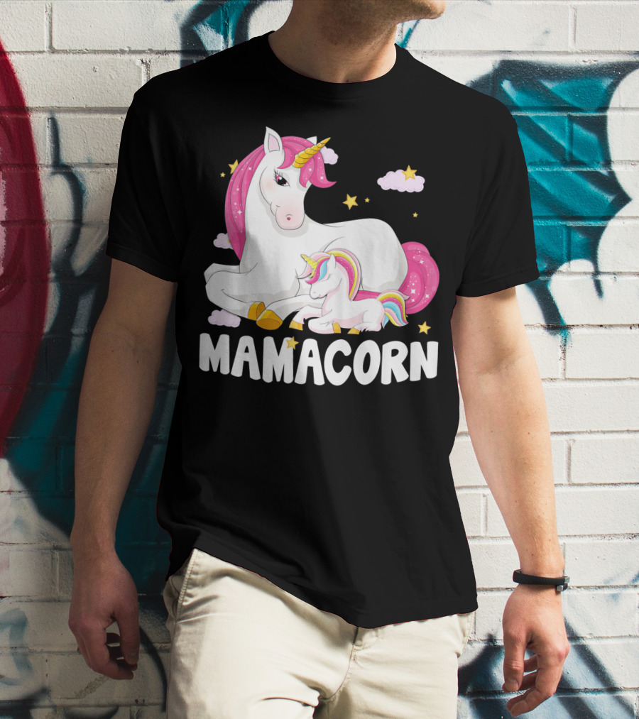 Mamacorn Unicorn New Mom Baby Momm With Stars And Clouds T-Shirt