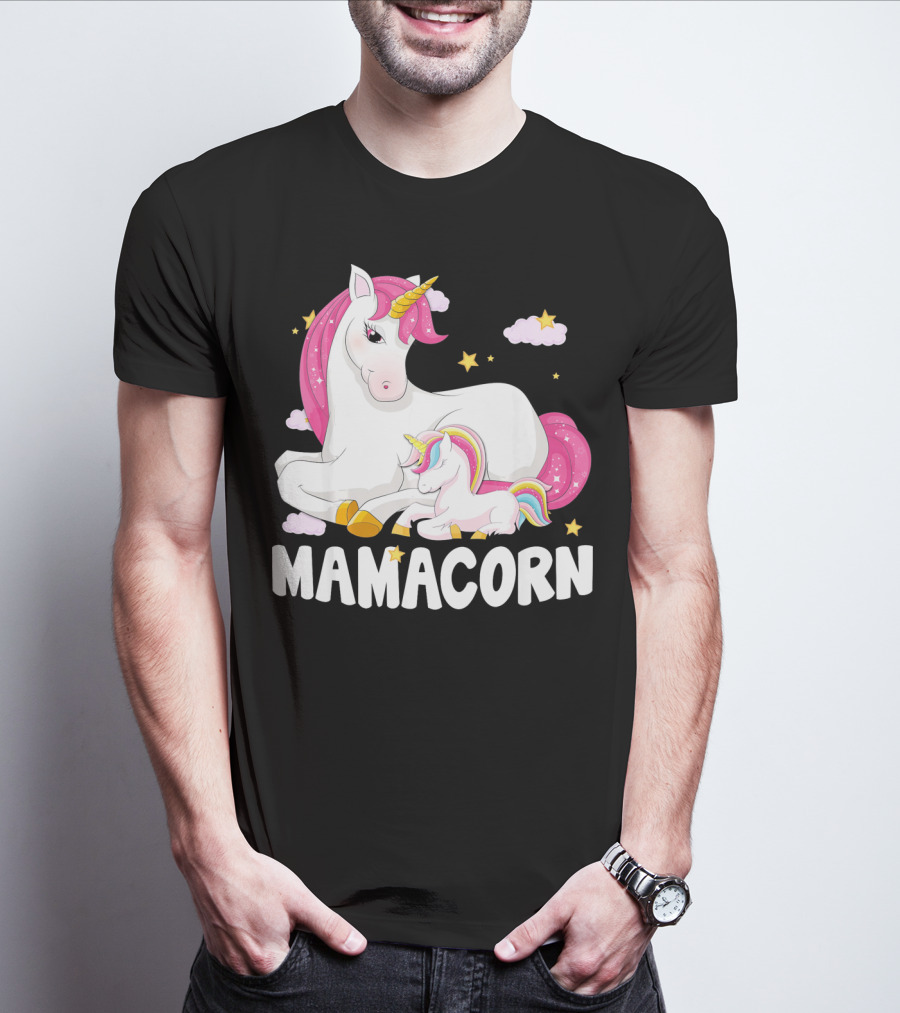 Mamacorn Unicorn New Mom Baby Momm With Stars And Clouds T-Shirt