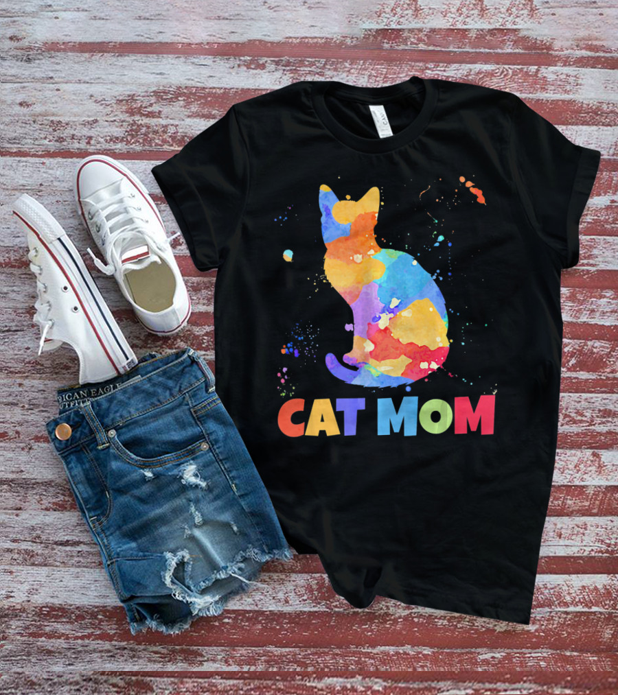 CAT MOM Colorful Watercolor Silhouette With Splash T-Shirt