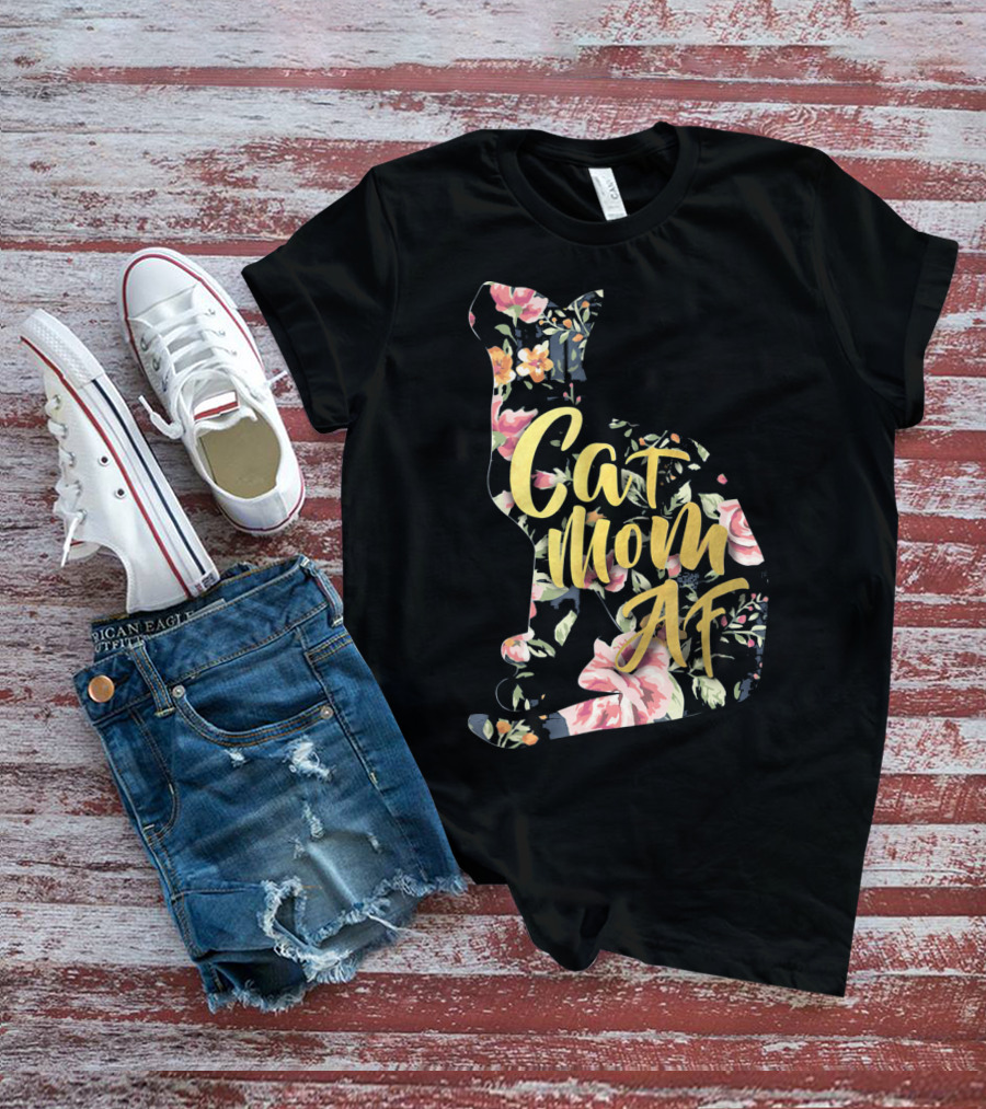Cat Mom AF Floral Pattern Cat Shape T-Shirt