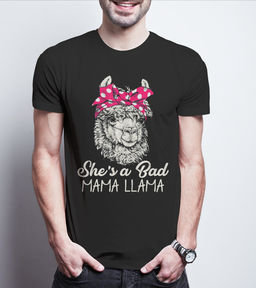 She's A Bad Mama Llama Retro Illustration With Red Polka Dot Headband T-Shirt