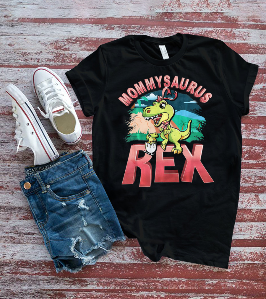 Mommysaurus Rex Dinosaur With Baby Egg In Prehistoric Landscape T-Shirt