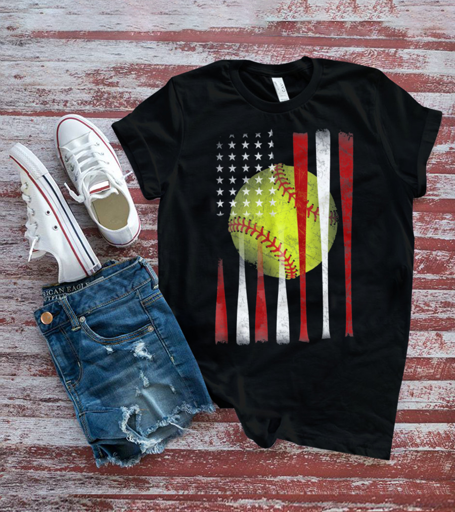 American Flag Vintage Softball Bats Stars Baseball T-Shirt