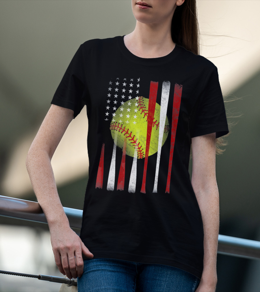 American Flag Vintage Softball Bats Stars Baseball T-Shirt
