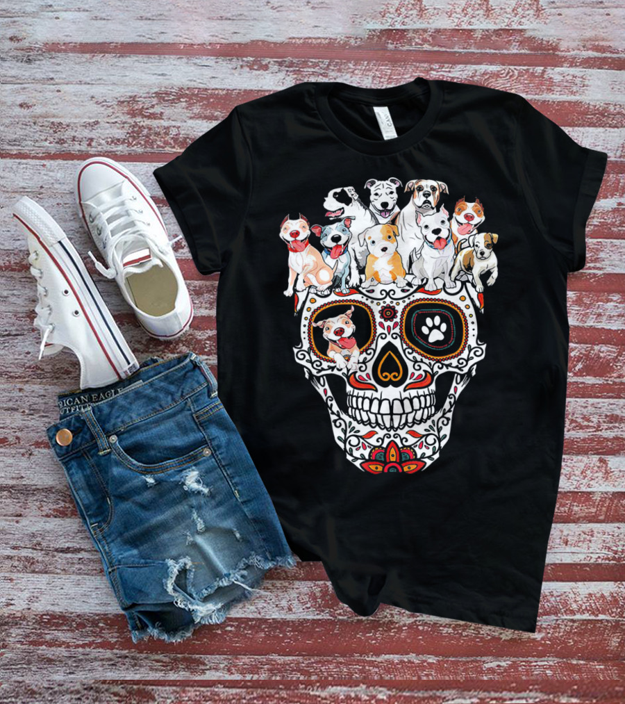 Pitbull Mom Sugar Skull Funny Canine Compilation T-Shirt