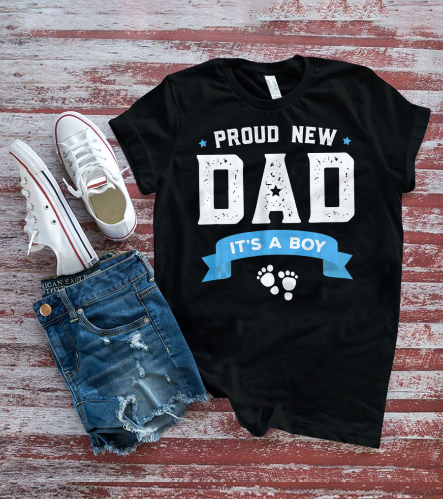 Proud New Dad It's A Boy With Baby Footprints And Stars T-Shirt