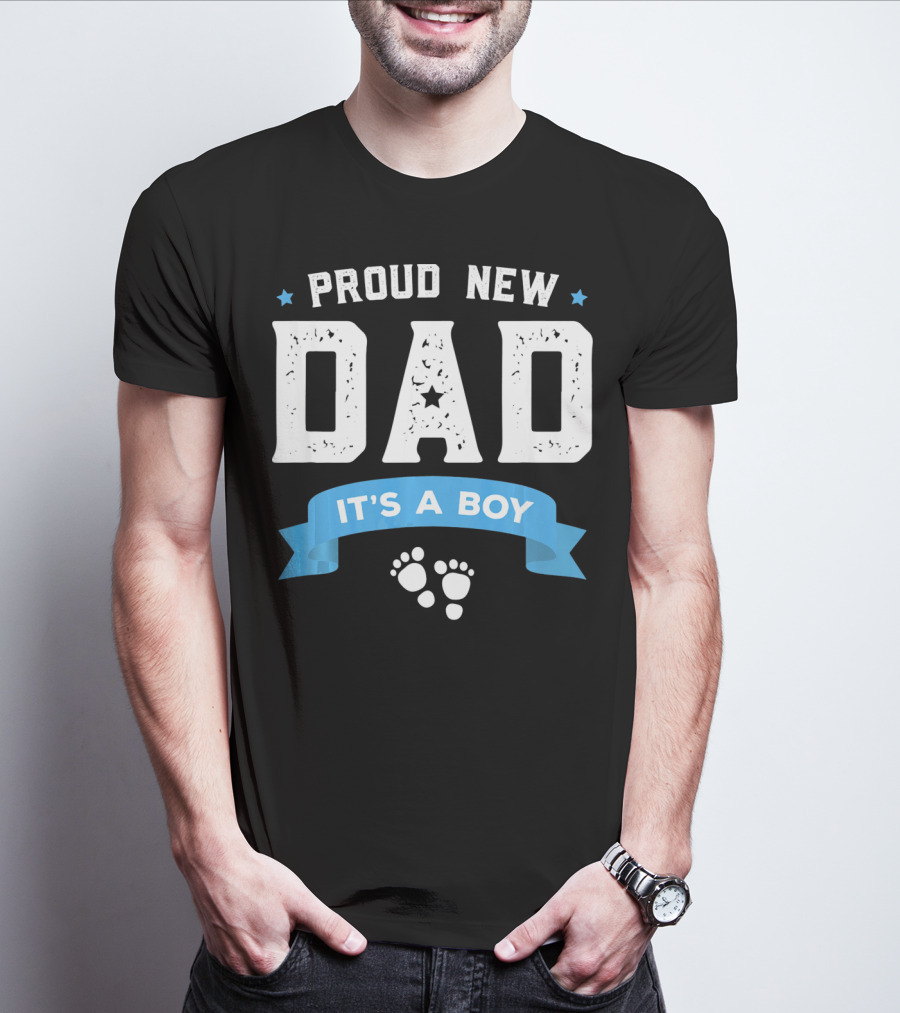 Proud New Dad It's A Boy With Baby Footprints And Stars T-Shirt