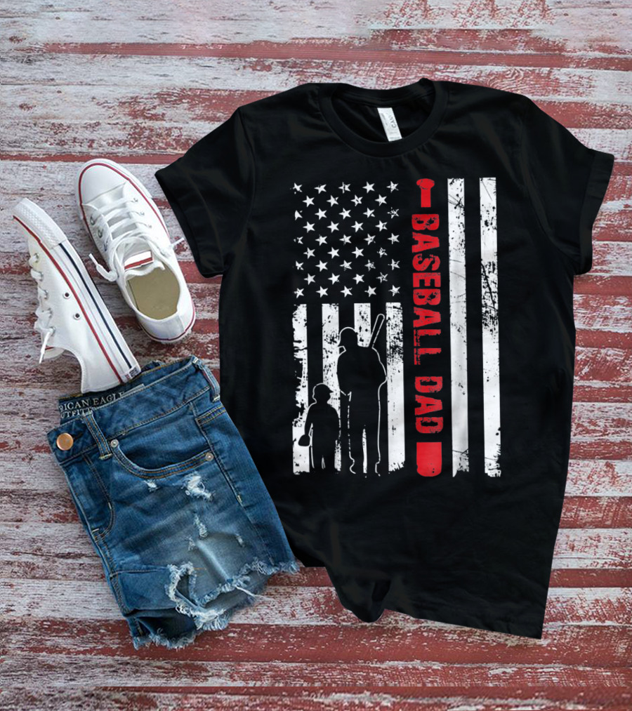 Mens Proud Baseball Dad American Flag Vertical Silhouette And Stars T-Shirt