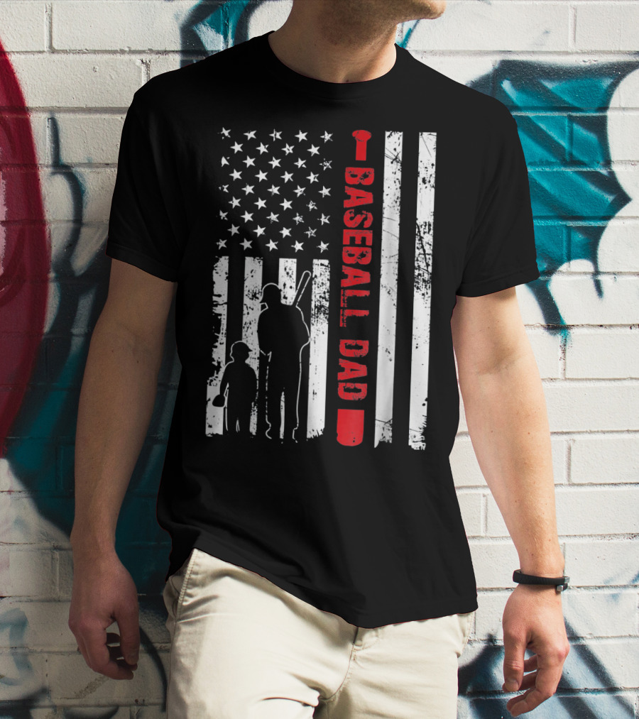 Mens Proud Baseball Dad American Flag Vertical Silhouette And Stars T-Shirt