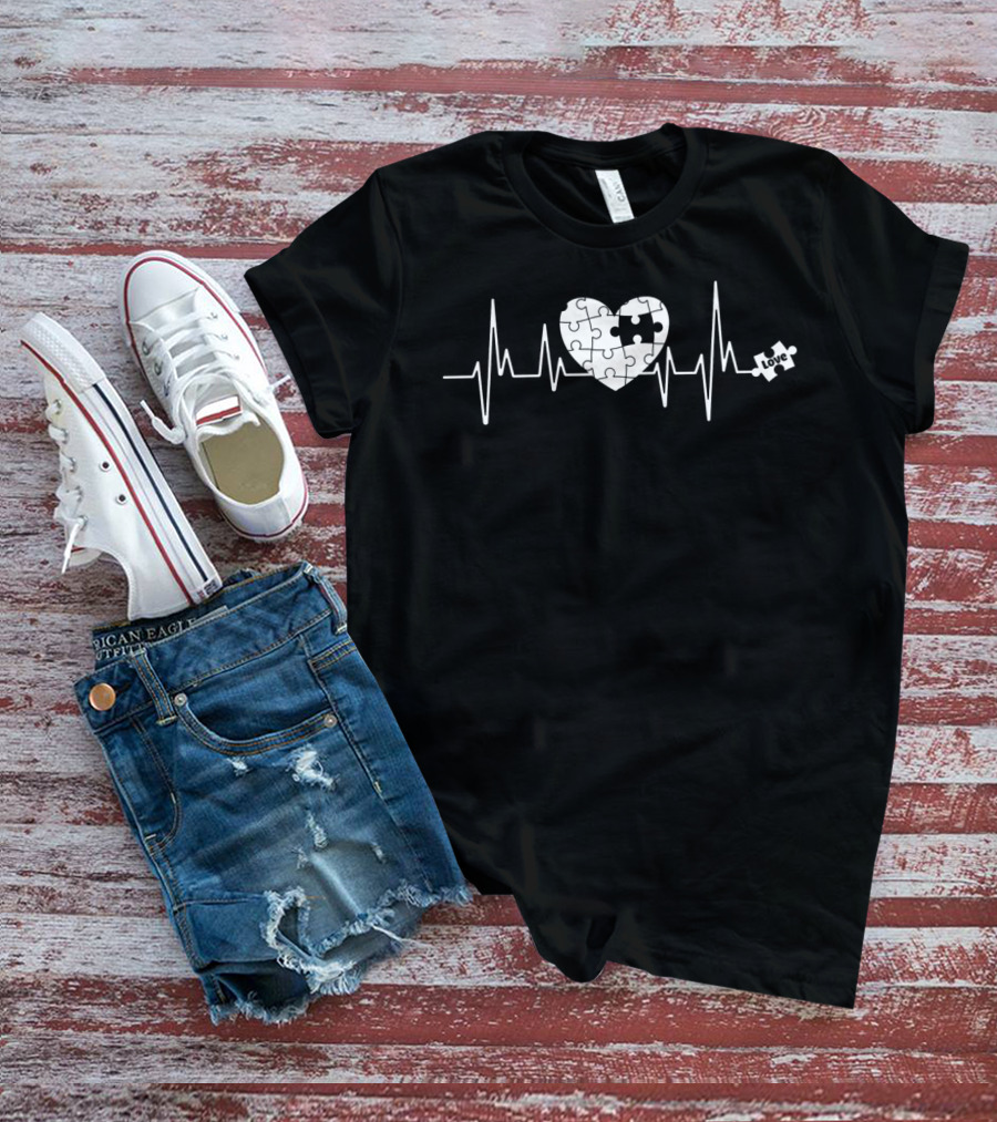 Love Heart Puzzle Autism Awareness Heartbeat T-Shirt