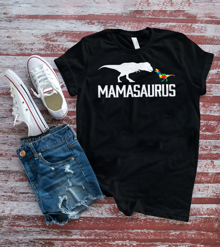 Mamasaurus Dinosaur Autism Mom Puzzle Piece T-Shirt