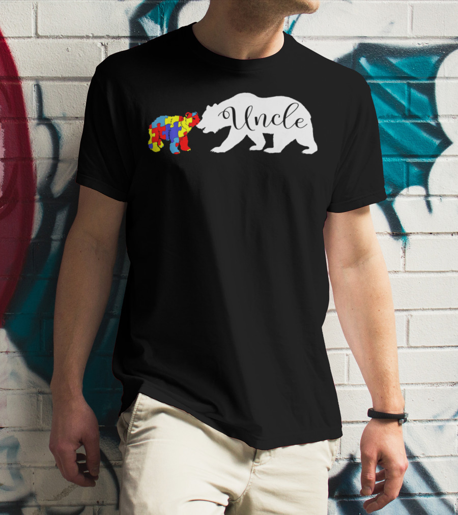 Uncle Bear With Autism Puzzle Bear Design For Awareness Month T-Shirt
