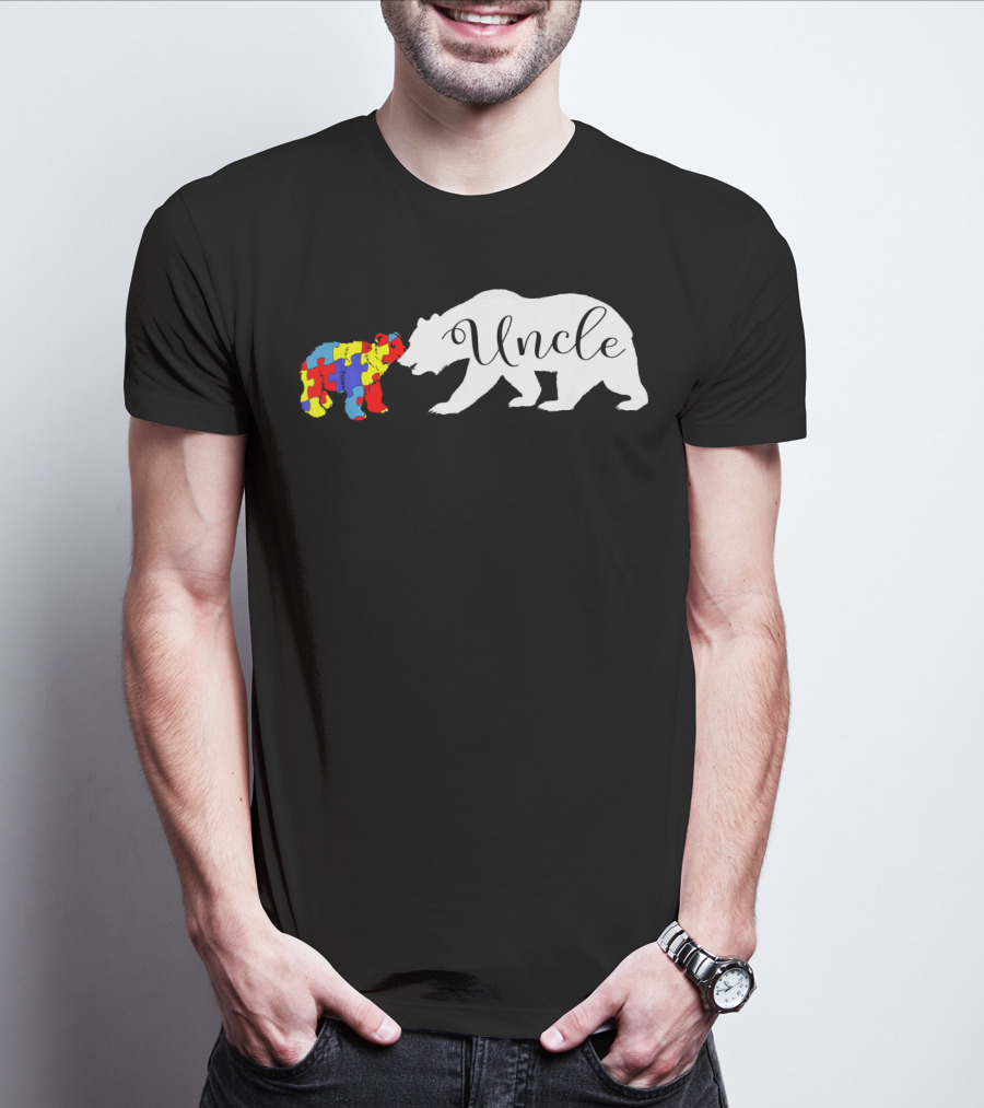 Uncle Bear With Autism Puzzle Bear Design For Awareness Month T-Shirt