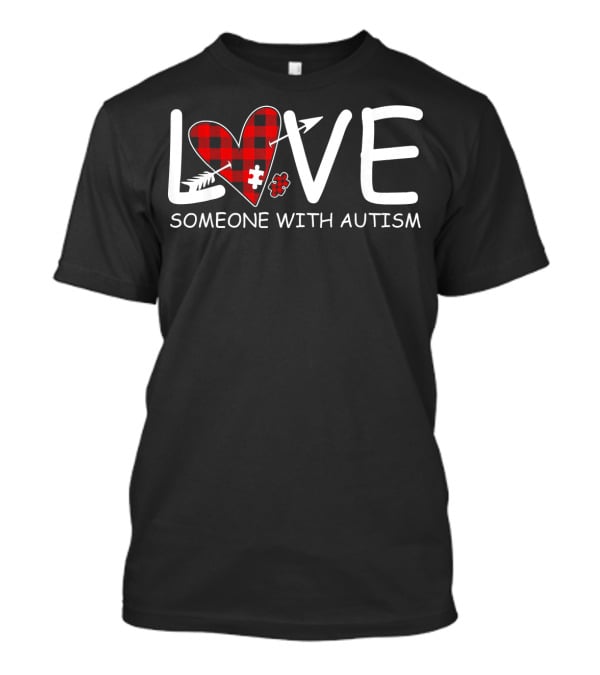 Love Someone With Autism Red Plaid Heart Puzzle Piece T-Shirt