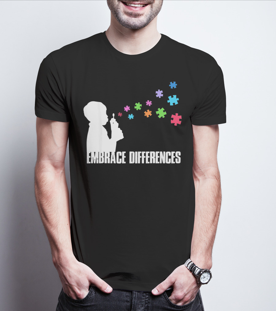 Embrace Differences Support Auti Autism Puzzle Pieces Bubbles T-Shirt