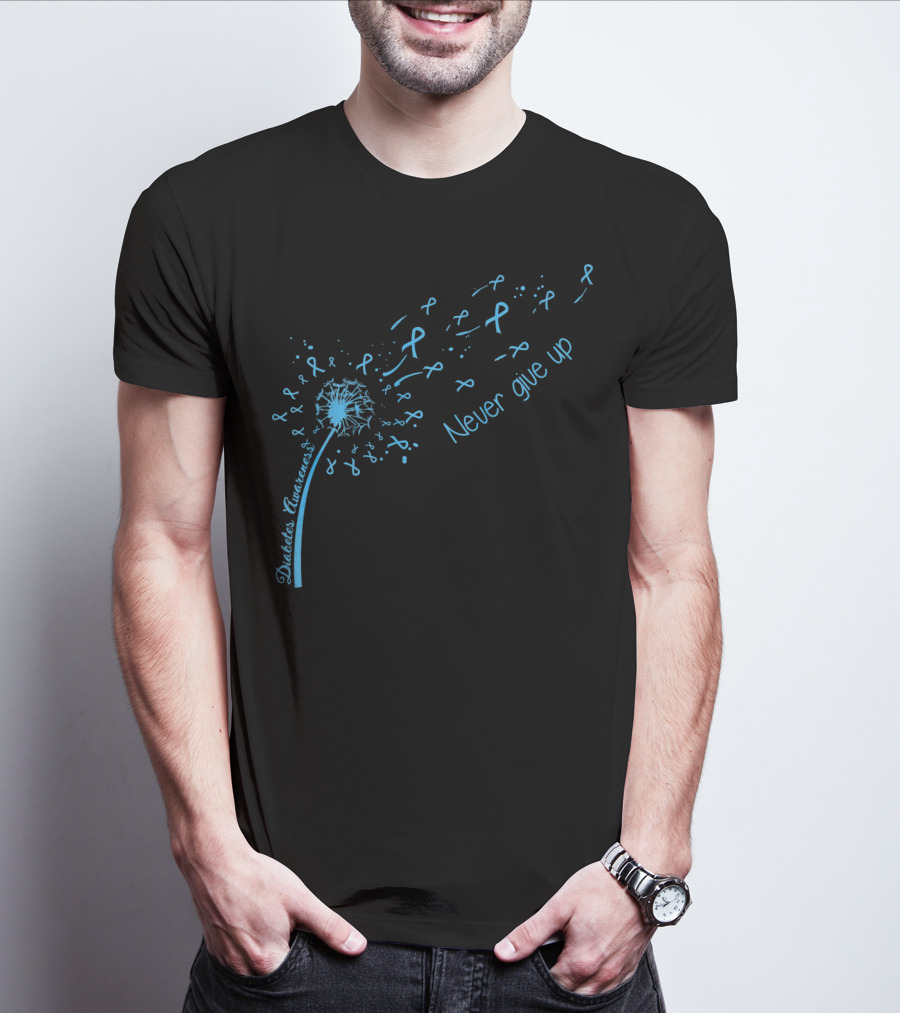 Diabetes Awareness Never Give Up Blue Ribbon Dandelion T-Shirt