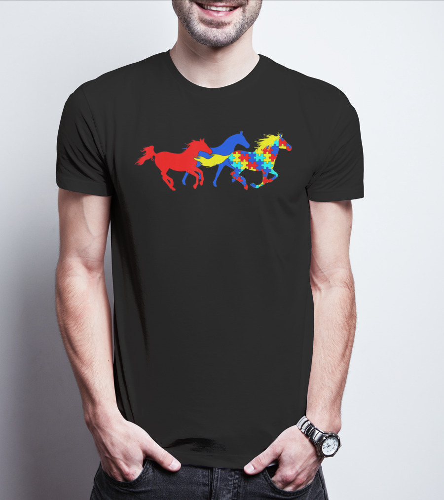 Autism Awareness Colorful Puzzle Horses Running T-Shirt